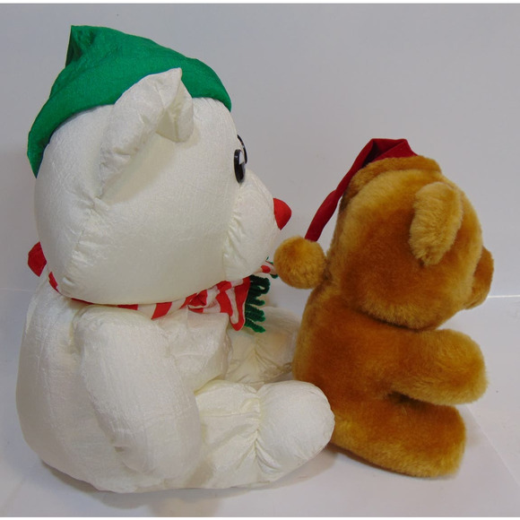 Vintage Christmas Bears Teddy Silk Hat Scarf White Brown Red Nose Plastic Eyes - Picture 7 of 9